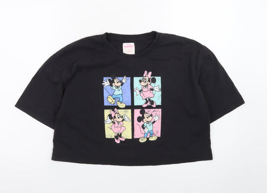 Primark Women Black Cropped Mickey & Minnie Cotton T-Shirt XS