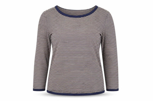 Front view of Jaeger Women Beige and Navy Striped Jersey Long Sleeve Top, size S