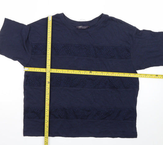 Marks and Spencer Women's Navy Lace Panel Cotton T-Shirt Size 12