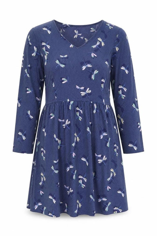 Front view of Cath Kidston women’s blue floral a-line jersey dress, size UK 12