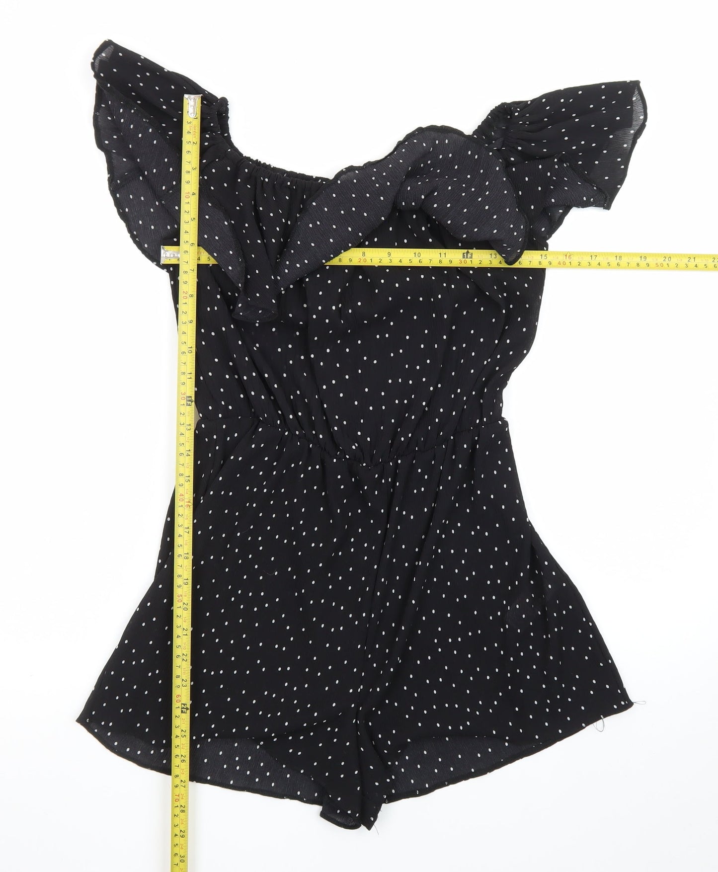 Topshop Women’s Black Polka Dot Off Shoulder Ruffle Playsuit Size 10