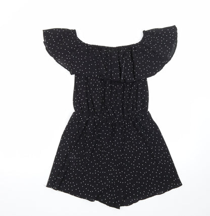 Topshop Women’s Black Polka Dot Off Shoulder Ruffle Playsuit Size 10
