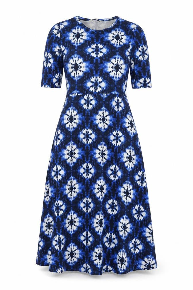 Marks & Spencer Womens Blue Tie Dye Midi A-Line Dress Size 10