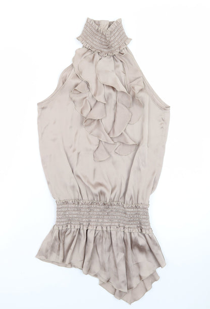 River Island Women’s Beige Satin Sleeveless Ruffle Slip Dress Size 6