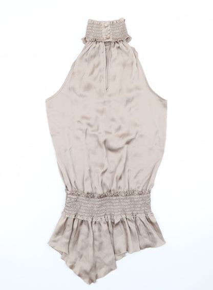 River Island Women’s Beige Satin Sleeveless Ruffle Slip Dress Size 6
