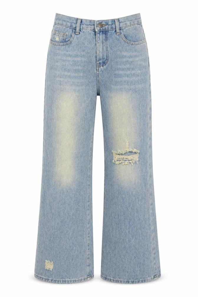 PRETTYLITTLETHING Womens Blue Wide-Leg Distressed Jeans UK 10