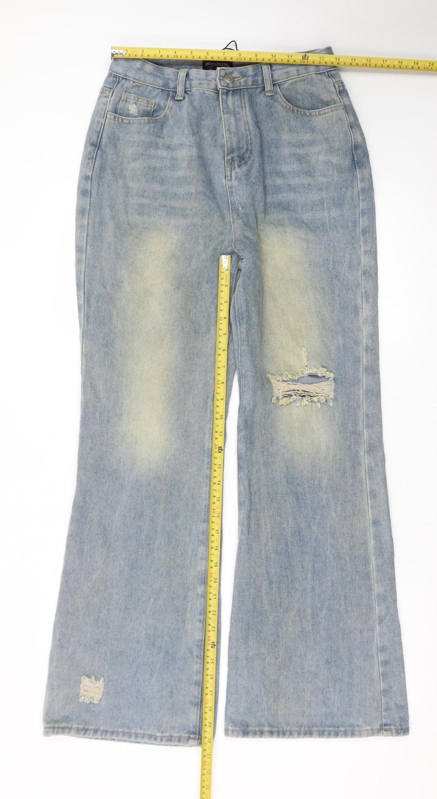 PrettyLittleThing Womens Blue Wide-Leg Distressed Jeans UK 10