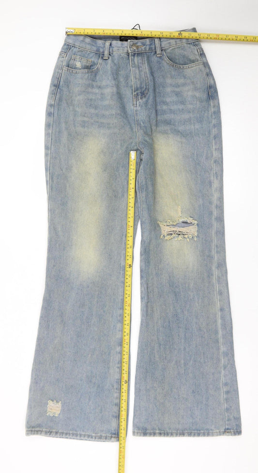PrettyLittleThing Womens Blue Wide-Leg Distressed Jeans UK 10