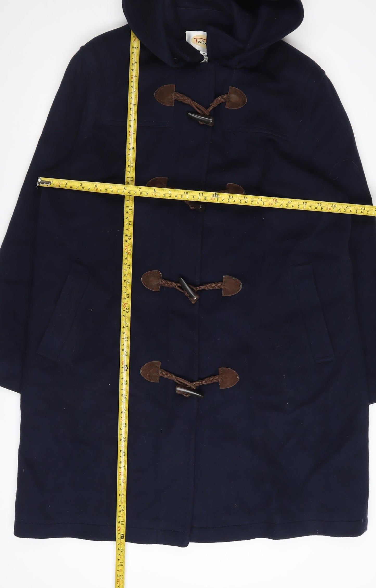 Talbots Women's Navy Blue Wool Duffle Coat Size 12 Hooded Toggle Mid-Length
