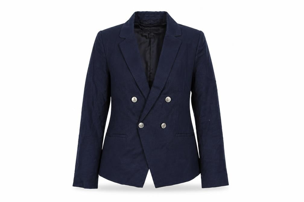 Mango Women Blue Double Breasted Cotton Linen Blazer XS
