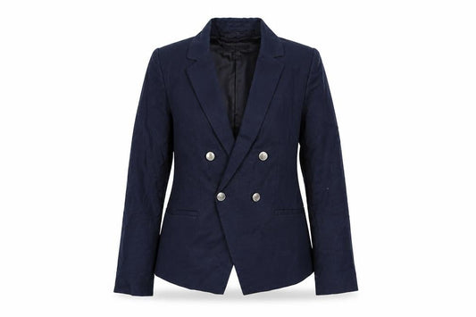 Mango Women Blue Double Breasted Cotton Linen Blazer XS