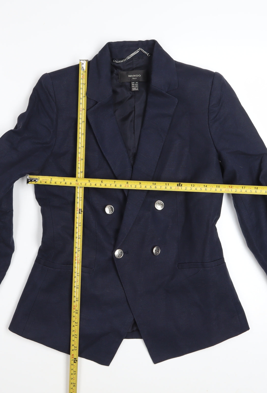 Mango Women Blue Double Breasted Cotton Linen Blazer XS