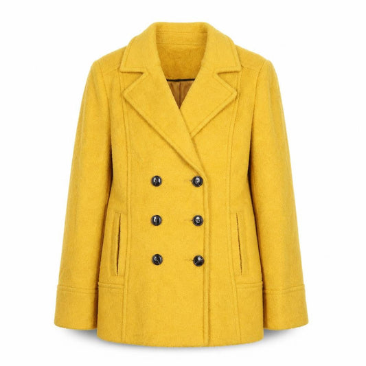 M&Co Women Yellow Wool Blend Pea Coat Size 14 Button Mid-Length