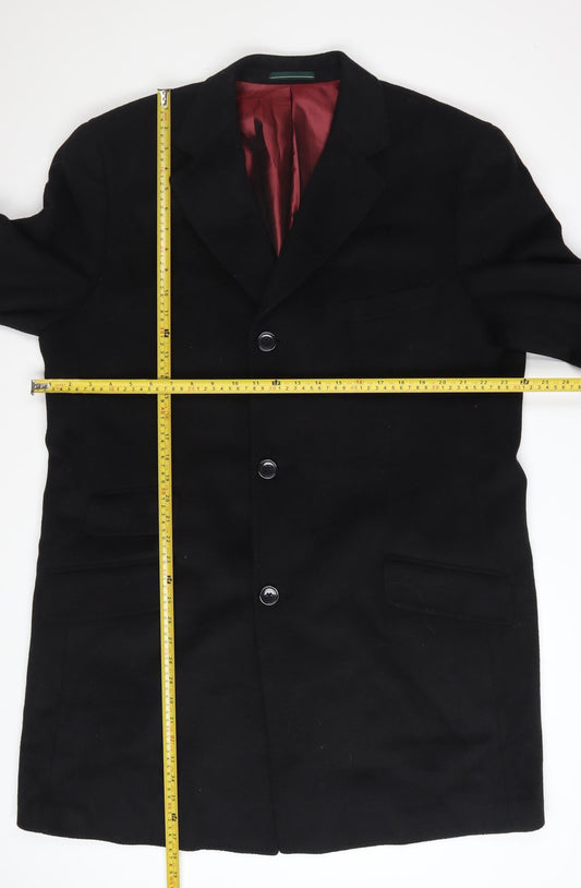Greenwoods Mens Black Wool Cashmere Overcoat 44R Single Breasted