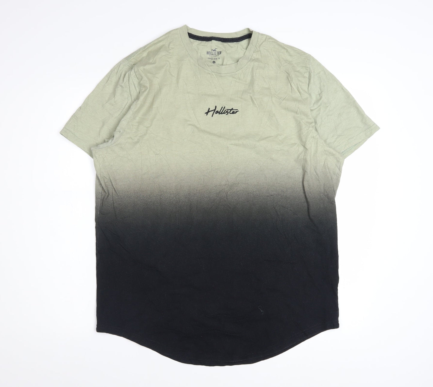 Hollister Men's Green Black Ombre Curved Hem T-Shirt XL Cotton