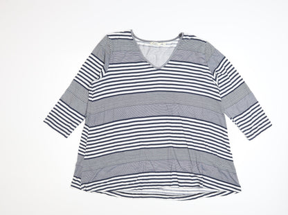 Adini Women's Blue Striped V-Neck 3/4 Sleeve Jersey Top L