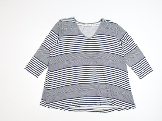 Adini Women's Blue Striped V-Neck 3/4 Sleeve Jersey Top L