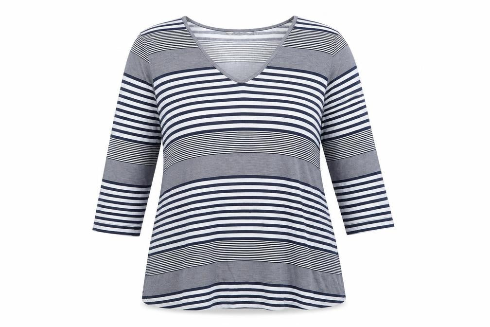 Adini Women's Blue Striped V-Neck 3/4 Sleeve Jersey Top L