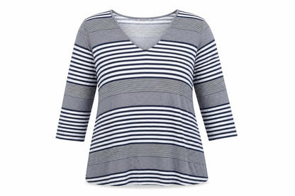 Adini Women's Blue Striped V-Neck 3/4 Sleeve Jersey Top L