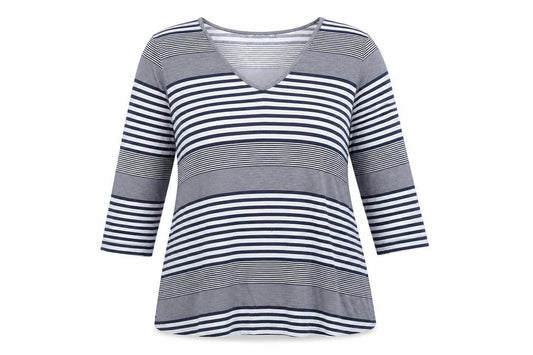 Adini Women's Blue Striped V-Neck 3/4 Sleeve Jersey Top L