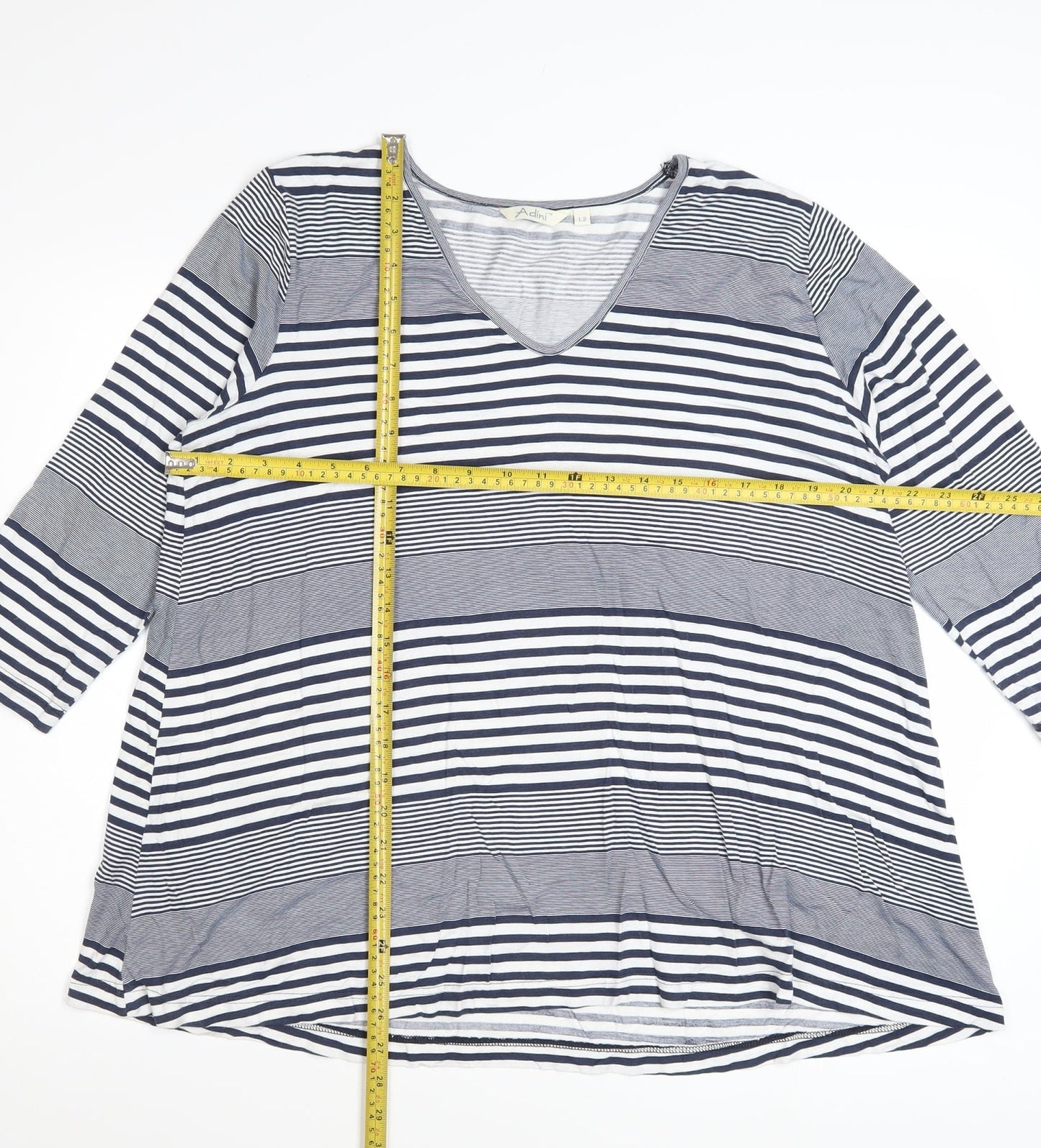 Adini Women's Blue Striped V-Neck 3/4 Sleeve Jersey Top L