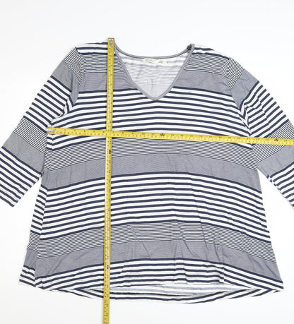 Adini Women's Blue Striped V-Neck 3/4 Sleeve Jersey Top L