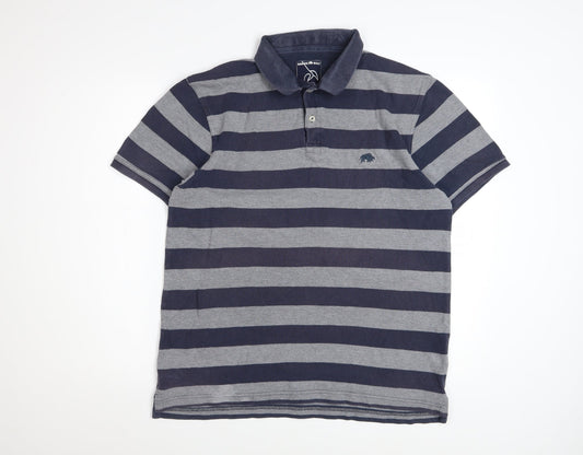 Raging Bull Men's Blue Striped Cotton Polo Shirt Size L
