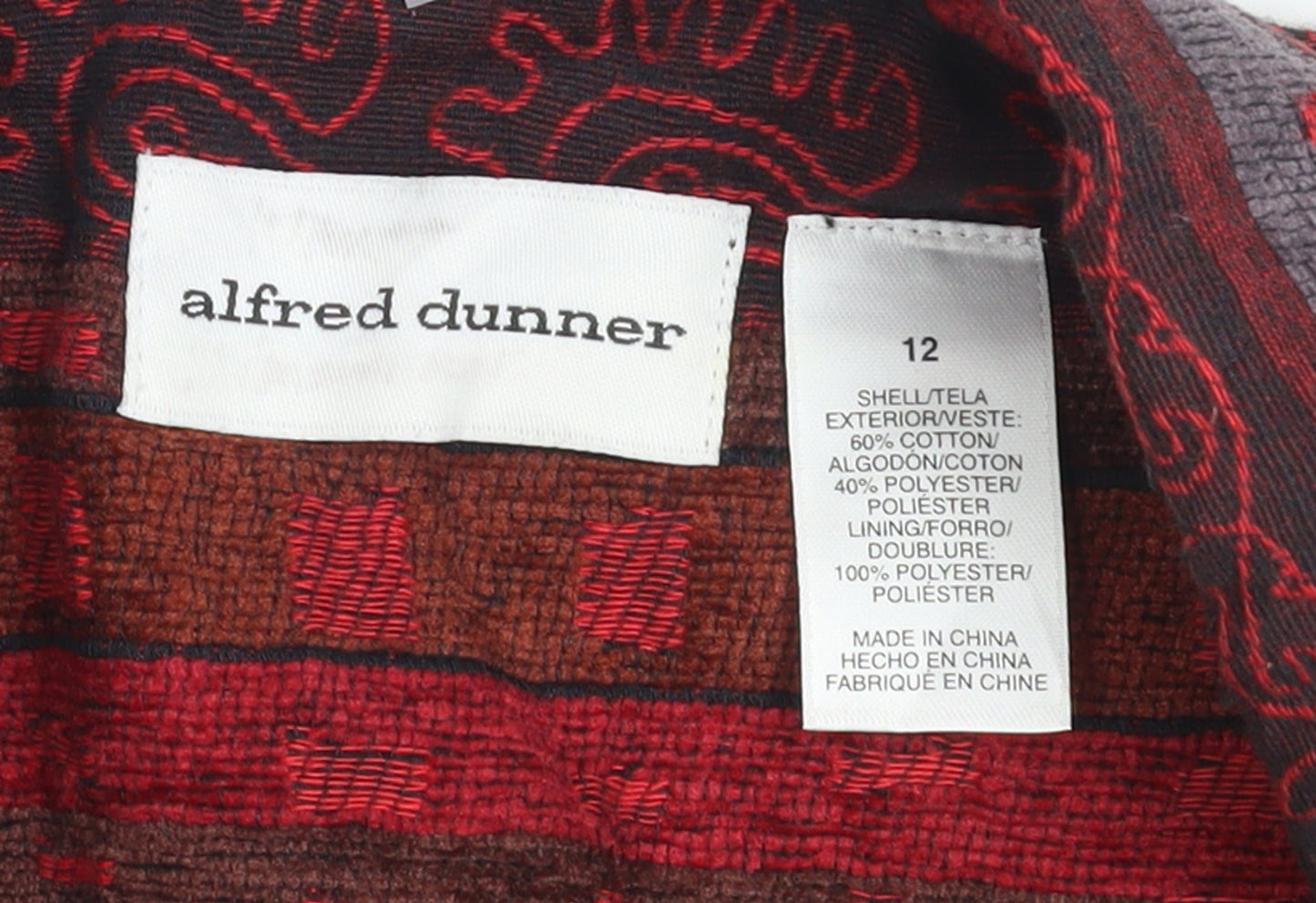 Alfred Dunner Womens Red Geometric Cotton Blend Lined Jacket Size 12