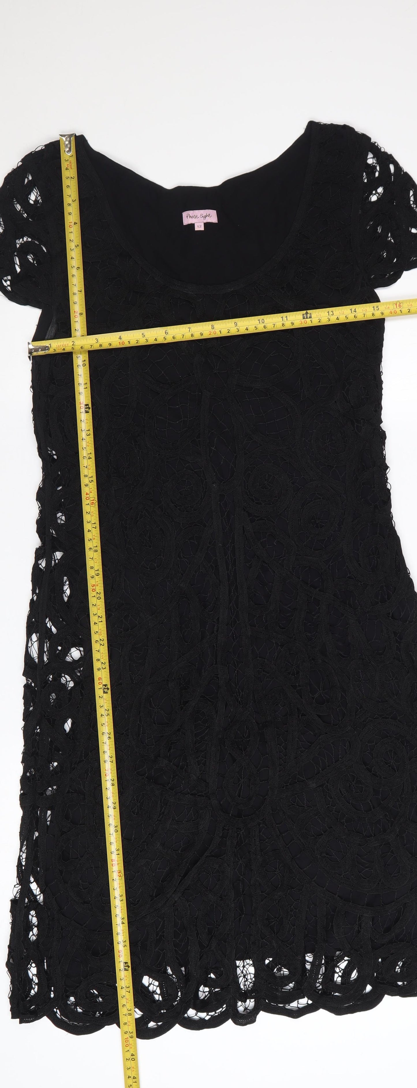 Phase Eight Women Black Lace Shift Dress Size 12 Short Sleeve Formal