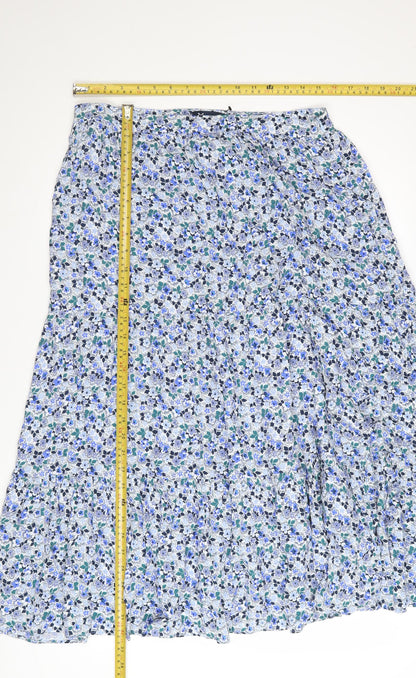 Crew Clothing Women Blue Floral Cotton Midi A-Line Skirt Size 12