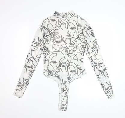 PrettyLittleThing Women White Black Abstract Face Mesh Bodysuit UK 8