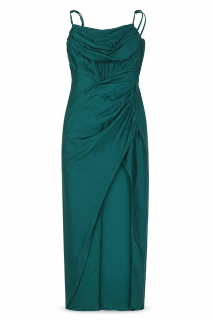 FAERIESTY Women’s Green Satin Cowl Neck Ruched Slip Dress Size S