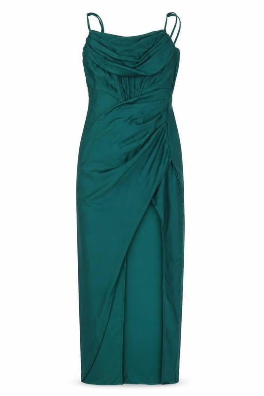 FAERIESTY Women’s Green Satin Cowl Neck Ruched Slip Dress Size S