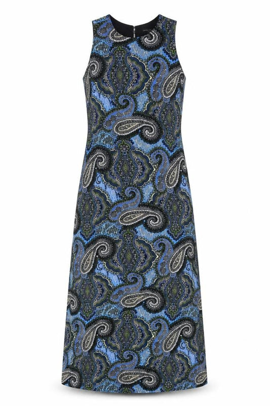 Front view of Dorothy Perkins women’s blue paisley shift dress, size UK 12, sleeveless