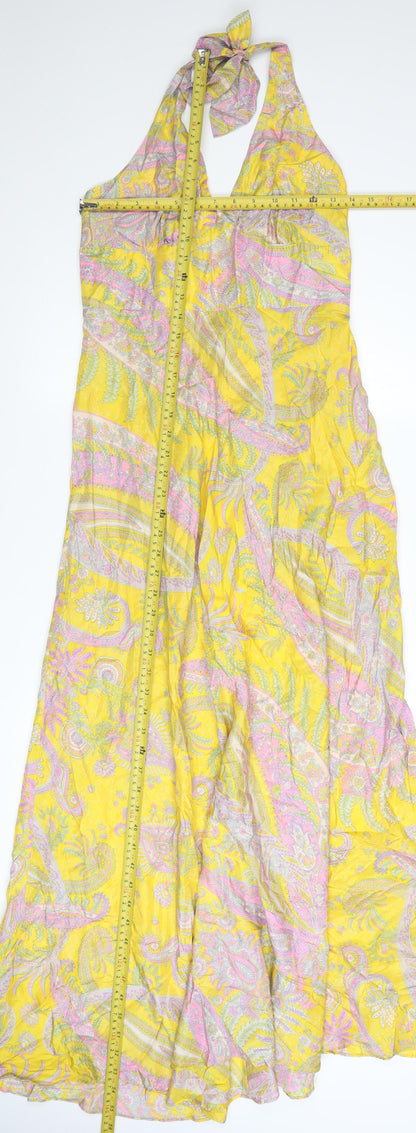 Warehouse Women’s Yellow Silk Paisley Halter Maxi Dress UK 12