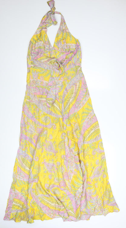 Warehouse Women’s Yellow Silk Paisley Halter Maxi Dress UK 12