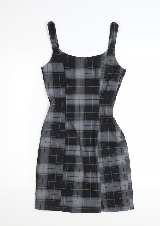 H&M Women’s Grey Check Bodycon Dress Size 6 Sleeveless Stretchy Short