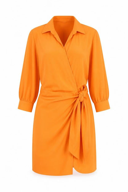 AX Paris Women's Orange Wrap Dress Size 12 3/4 Sleeve Collared Belted
