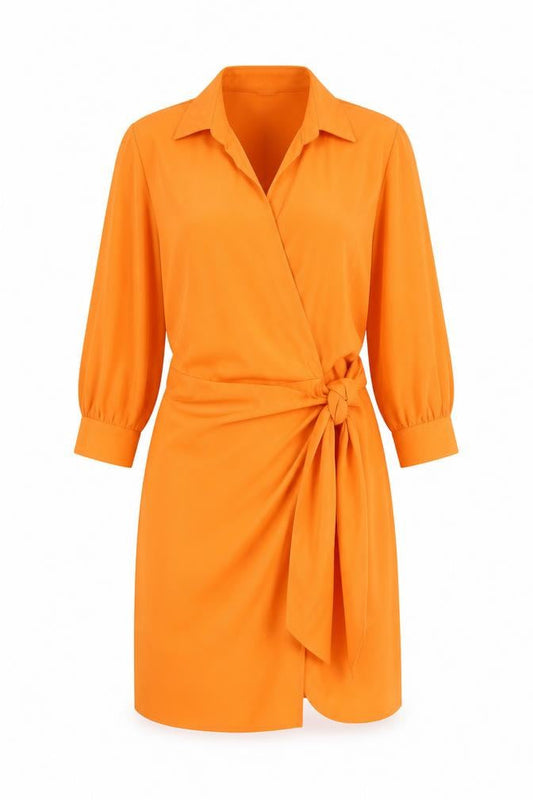 AX Paris Women's Orange Wrap Dress Size 12 3/4 Sleeve Collared Belted