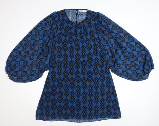 Zara Women Blue Geometric Shift Dress XL Balloon Sleeve Boho Style