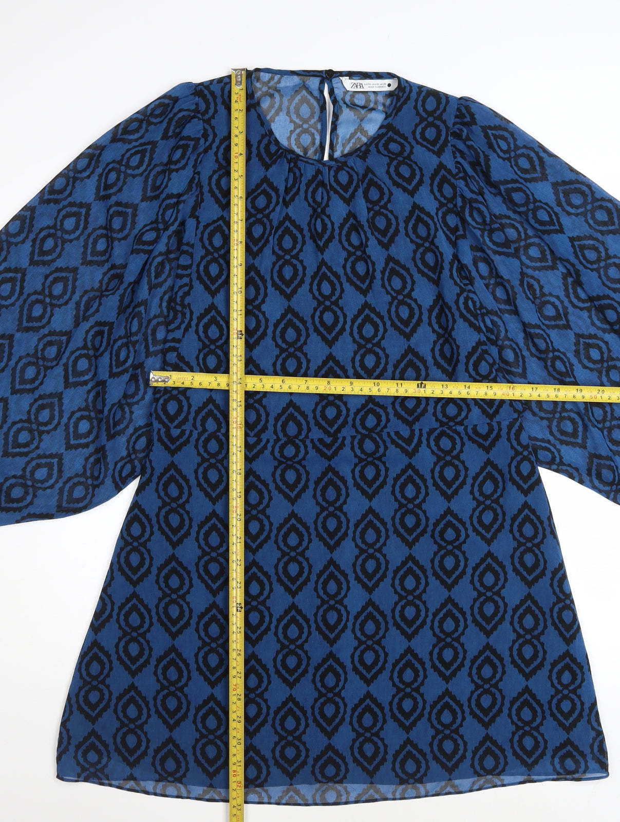 Zara Women Blue Geometric Shift Dress XL Balloon Sleeve Boho Style