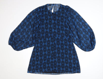 Zara Women Blue Geometric Shift Dress XL Balloon Sleeve Boho Style