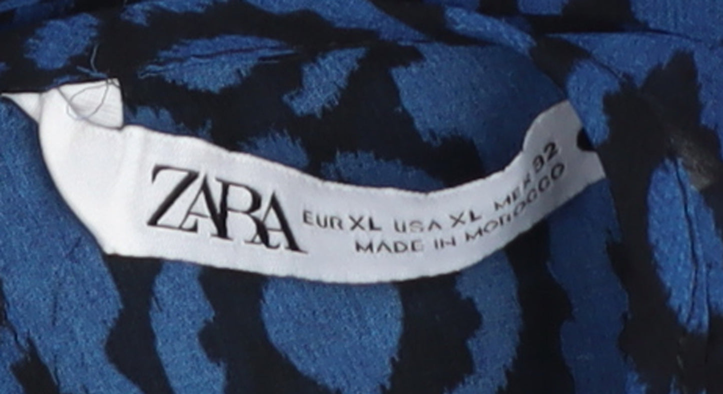 Zara Women Blue Geometric Shift Dress XL Balloon Sleeve Boho Style