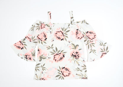 Quiz Women's White Floral Off Shoulder Bell Sleeve Blouse Size 10