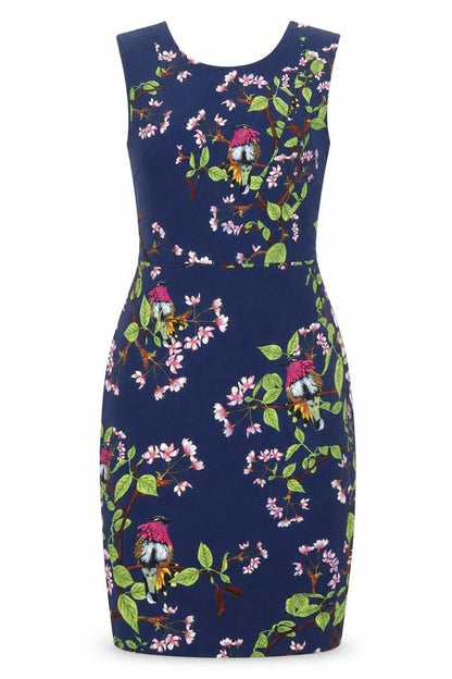 Oasis Women's Blue Floral Bird Sheath Dress Size 8
