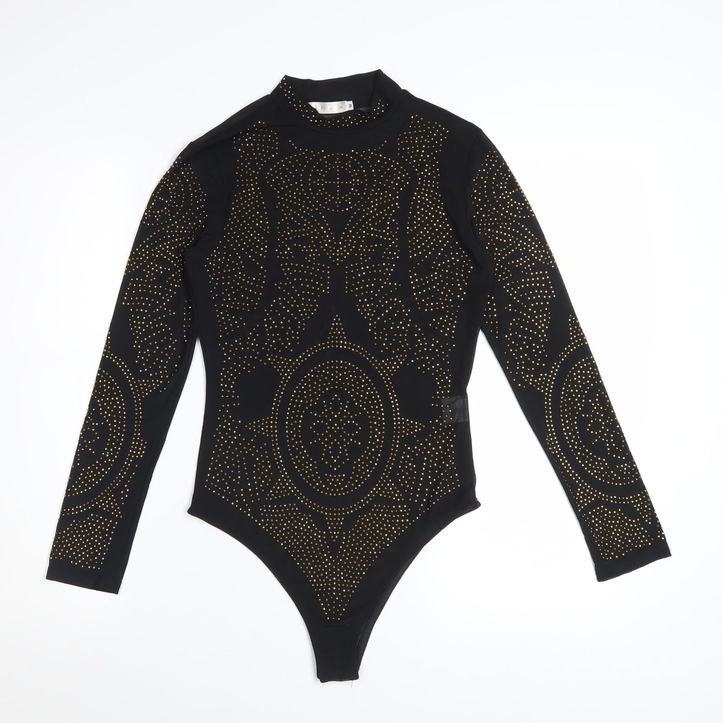 Lajoly & Co Women Black Gold Studded Long Sleeve Bodysuit M