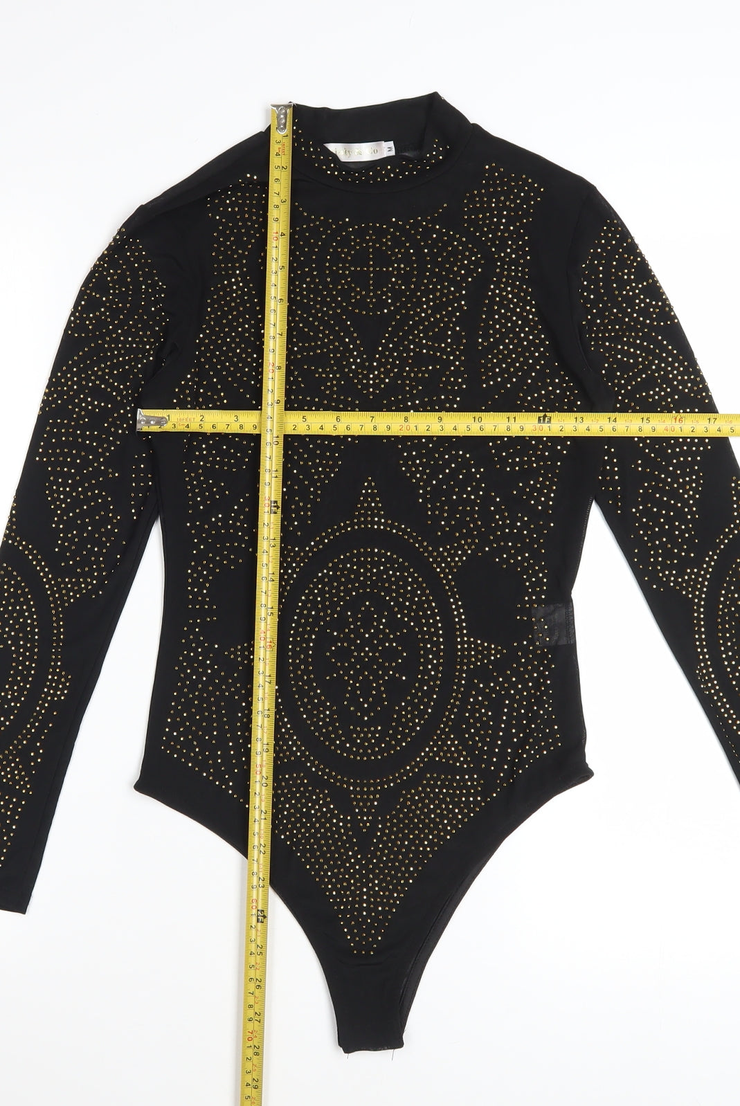 Lajoly & Co Women Black Gold Studded Long Sleeve Bodysuit M