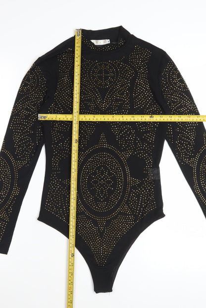 Lajoly & Co Women Black Gold Studded Long Sleeve Bodysuit M