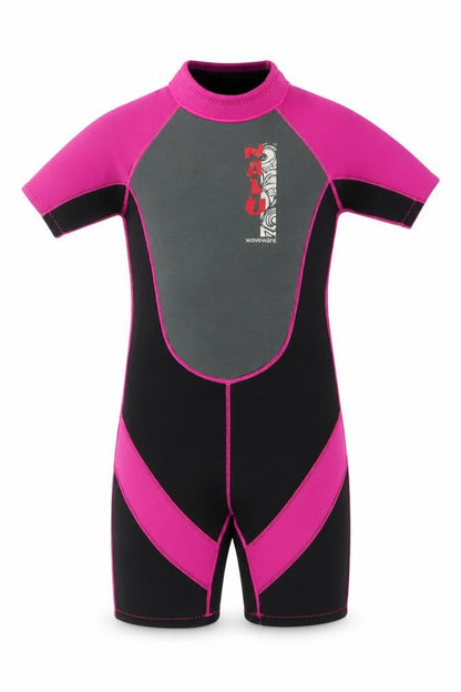 Front view of Nalu Waveware girls’ pink & black short sleeve wetsuit 13-14 years
