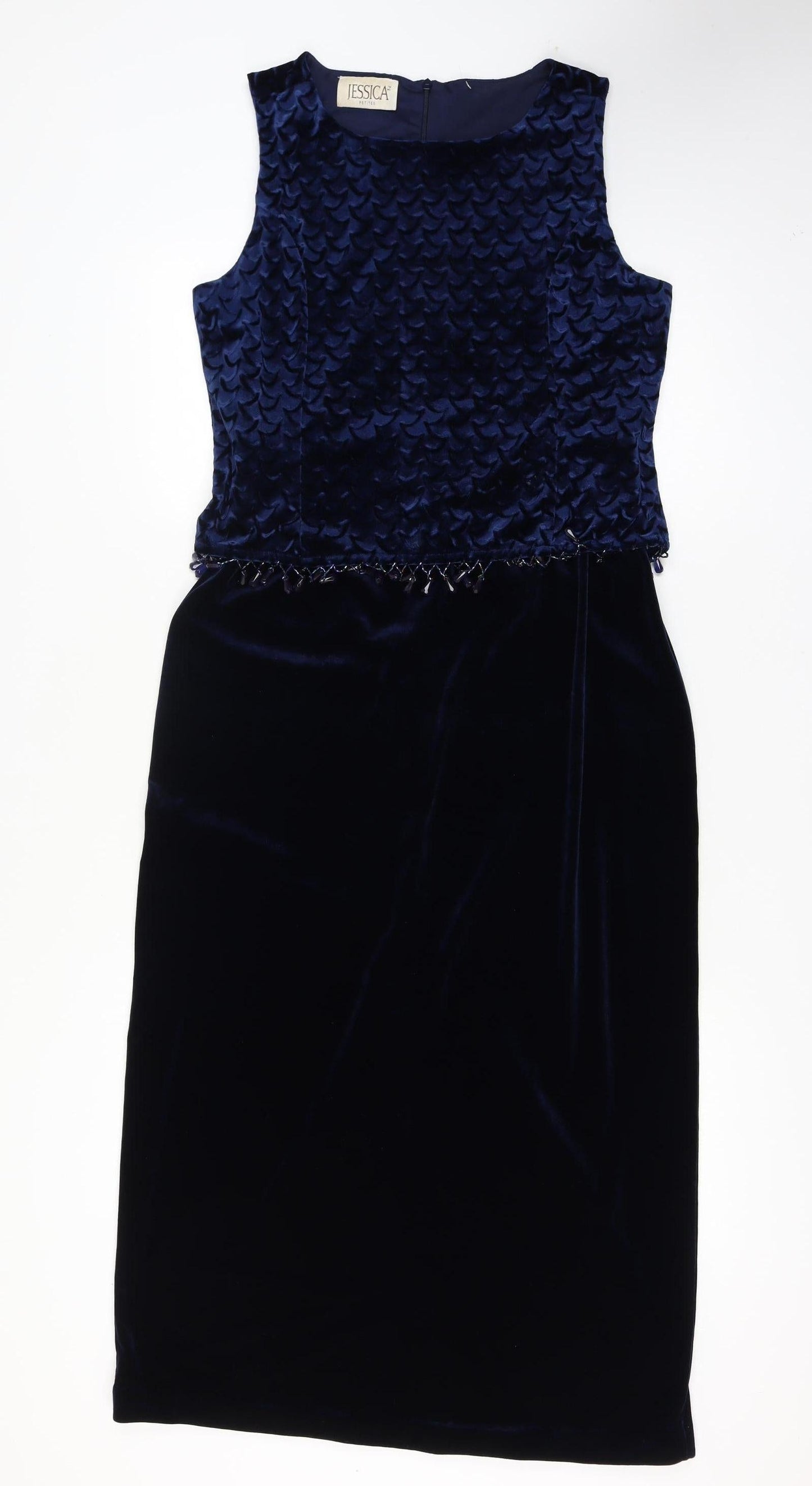 Jessica Petites Blue Velvet Beaded Sleeveless Knee Length Sheath Dress Size 16